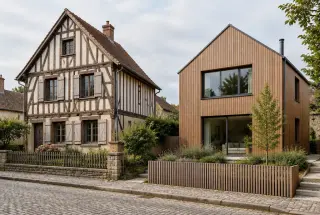 Deux maisons françaises côte à côte, l’une ancienne à pans de bois apparents et l’autre contemporaine à ossature bois recouverte d’un bardage.