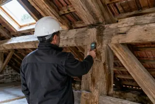 Inspecteur examinant une poutre ancienne avec un humidimètre dans les combles d’une maison.